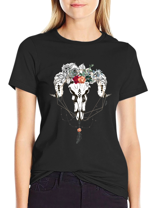 Floral Ram Skull Graphic Tee - Black