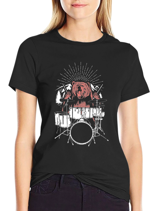 Bear Drummer Graphic T-Shirt - Black