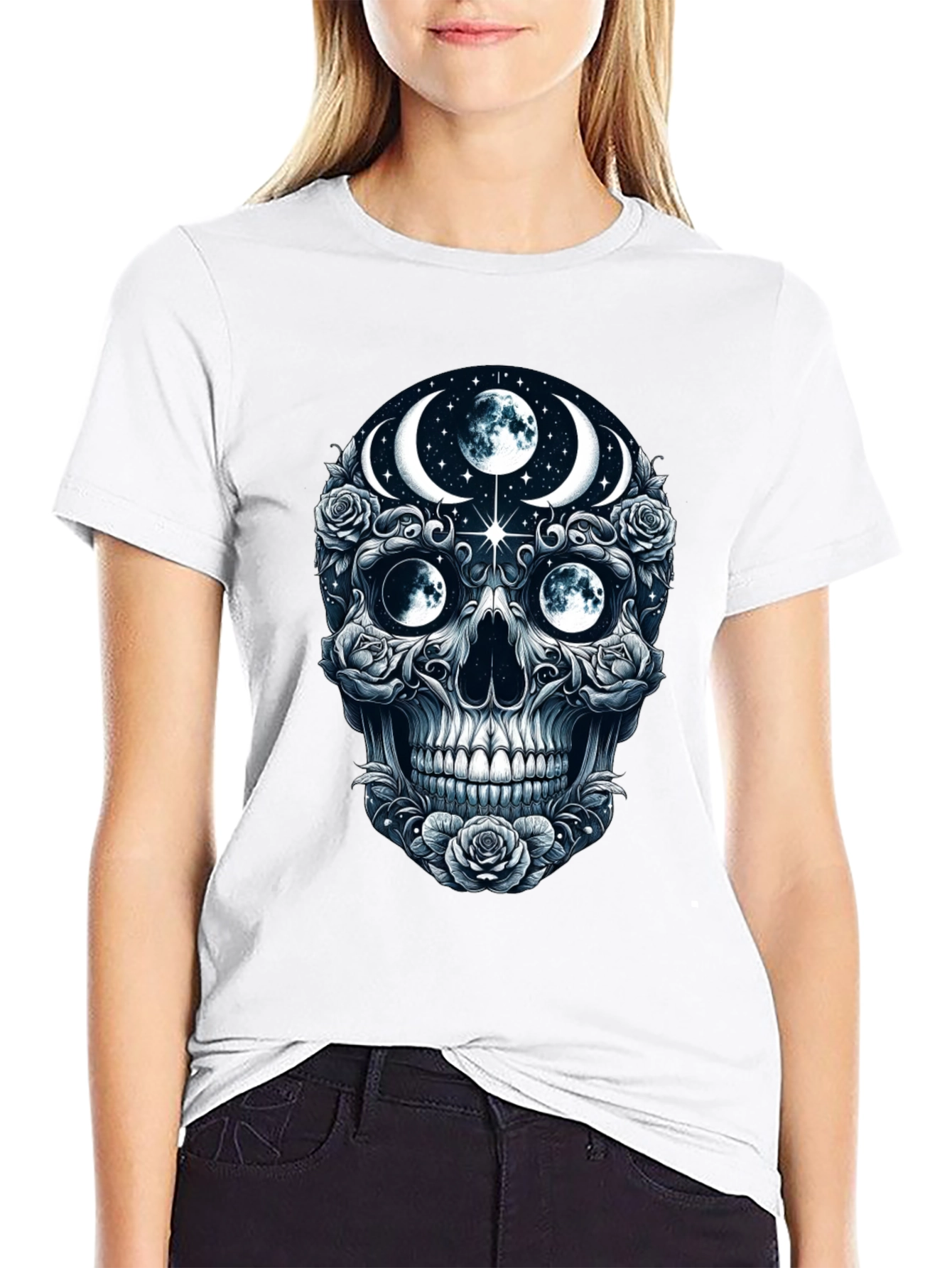 Mystic Moon Skull Graphic Tee - Dark Gothic Style