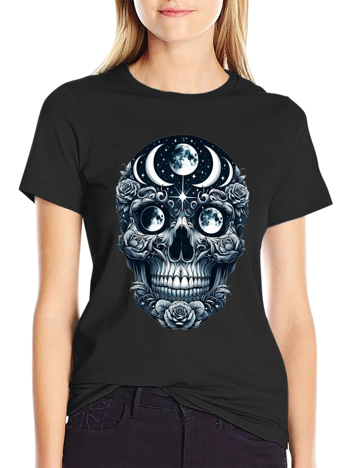 Mystic Moon Skull Graphic Tee - Dark Gothic Style