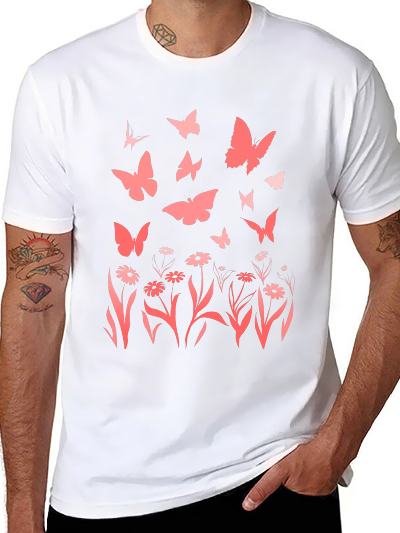 Butterfly & Floral Print Black T-Shirt