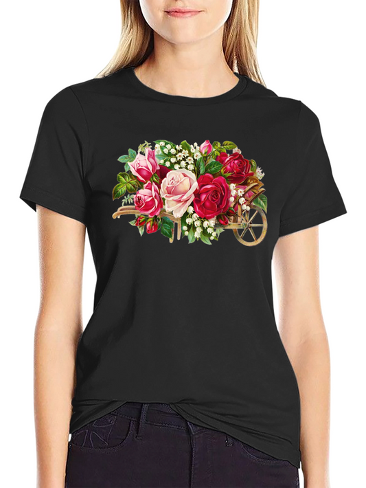 Floral Wheelbarrow Graphic Tee - Black Cotton
