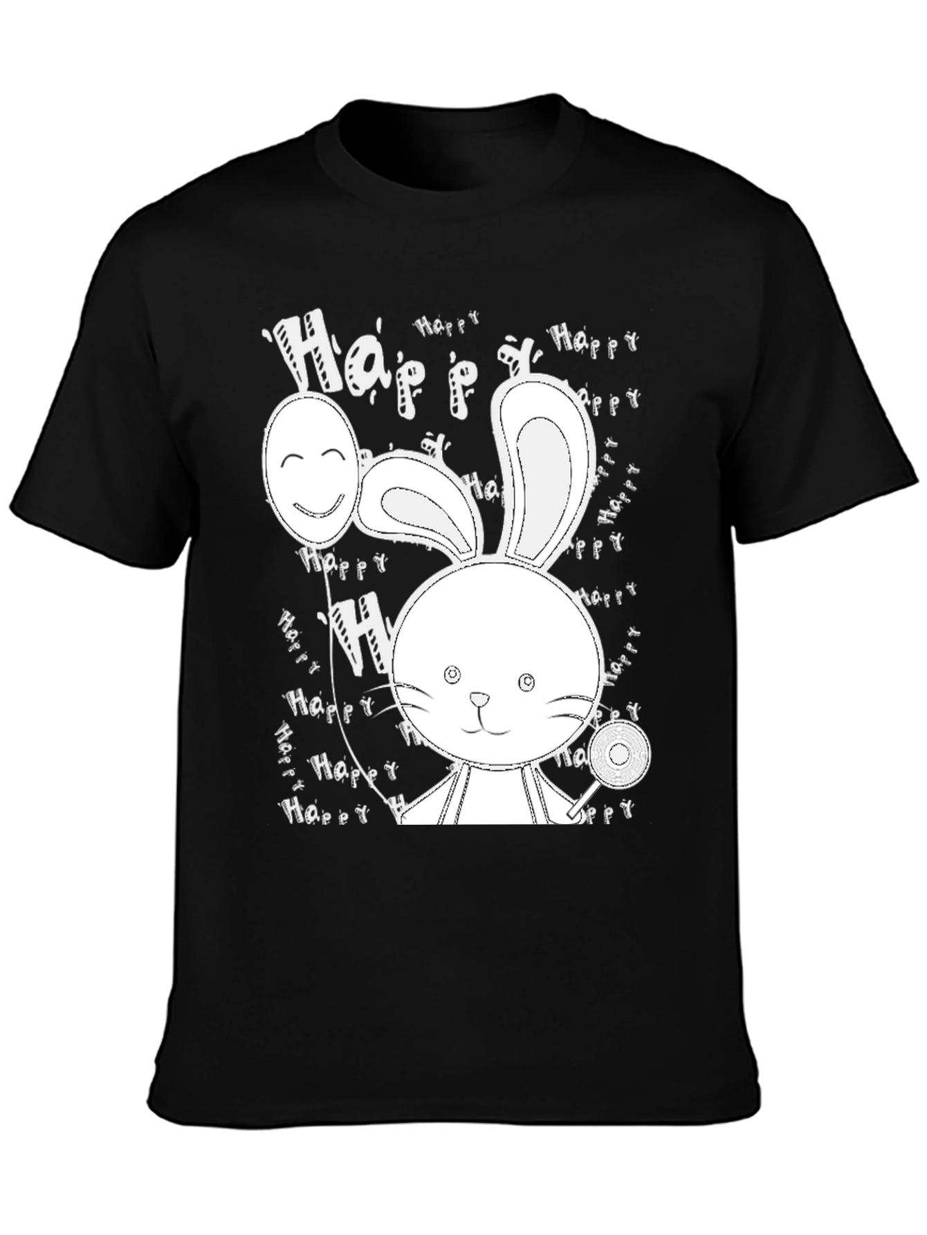 Cute Bunny Print Black T-Shirt
