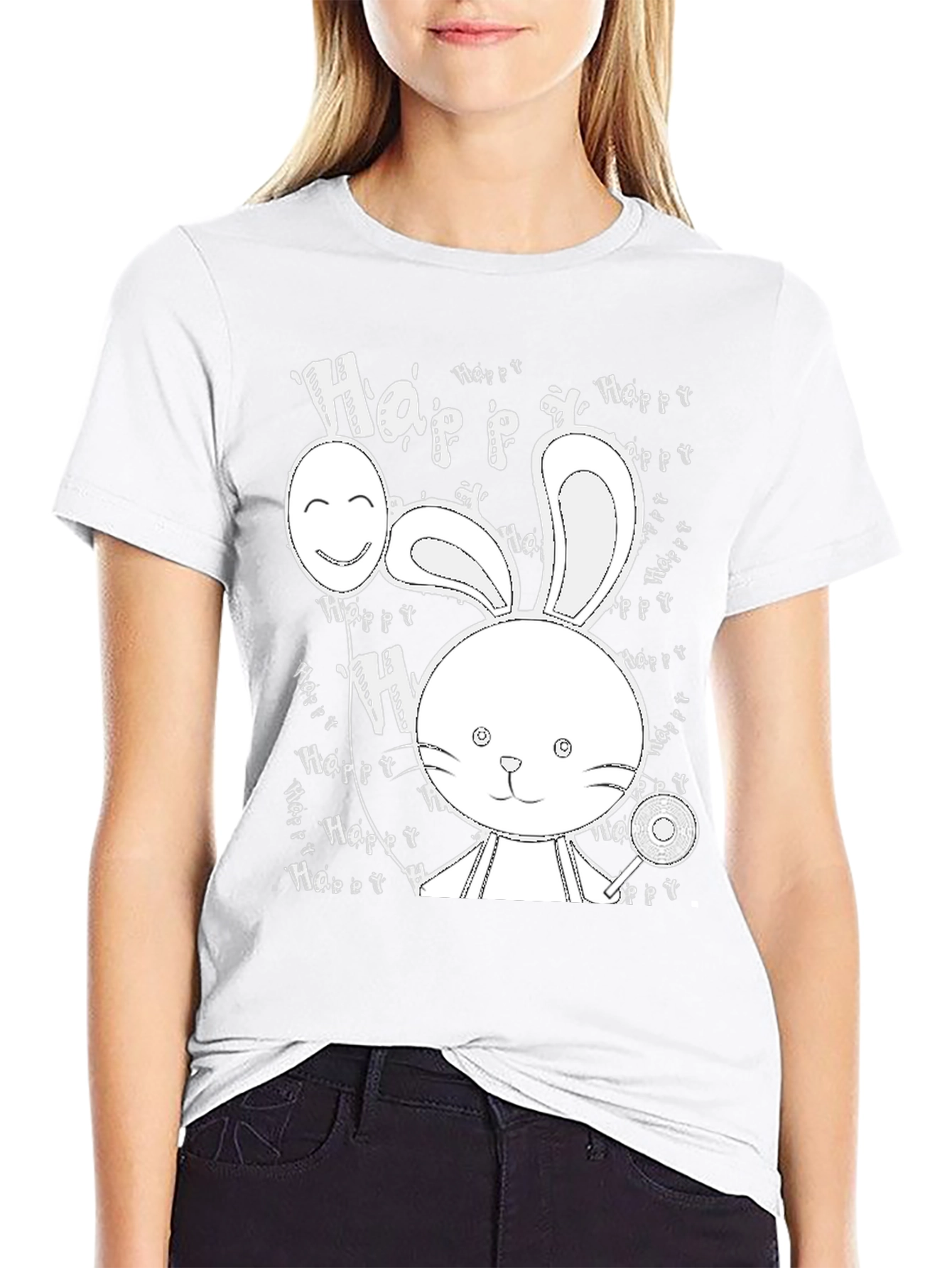 Cute Bunny Print Black T-Shirt