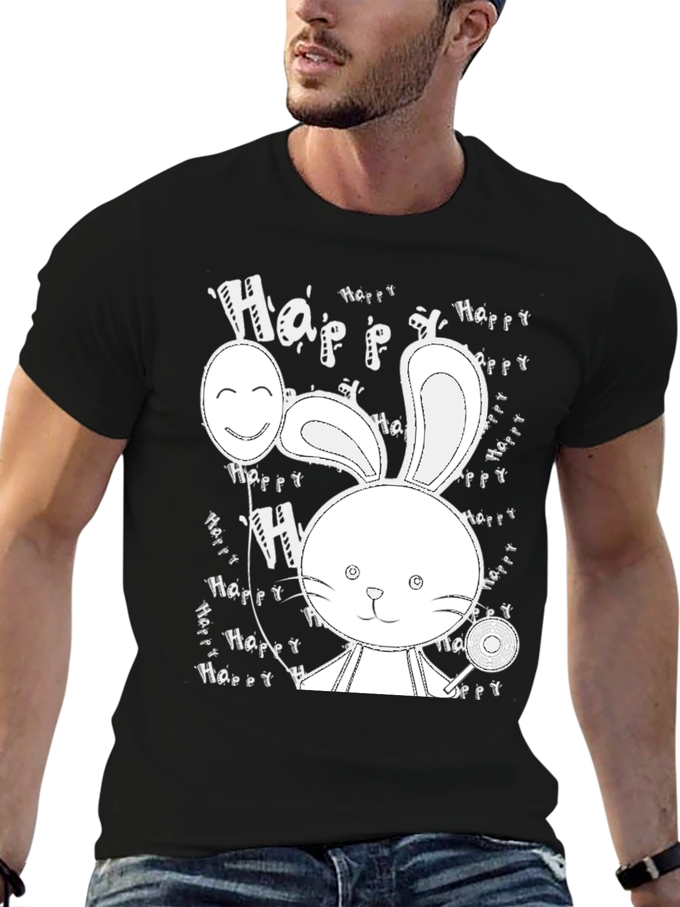 Cute Bunny Print Black T-Shirt