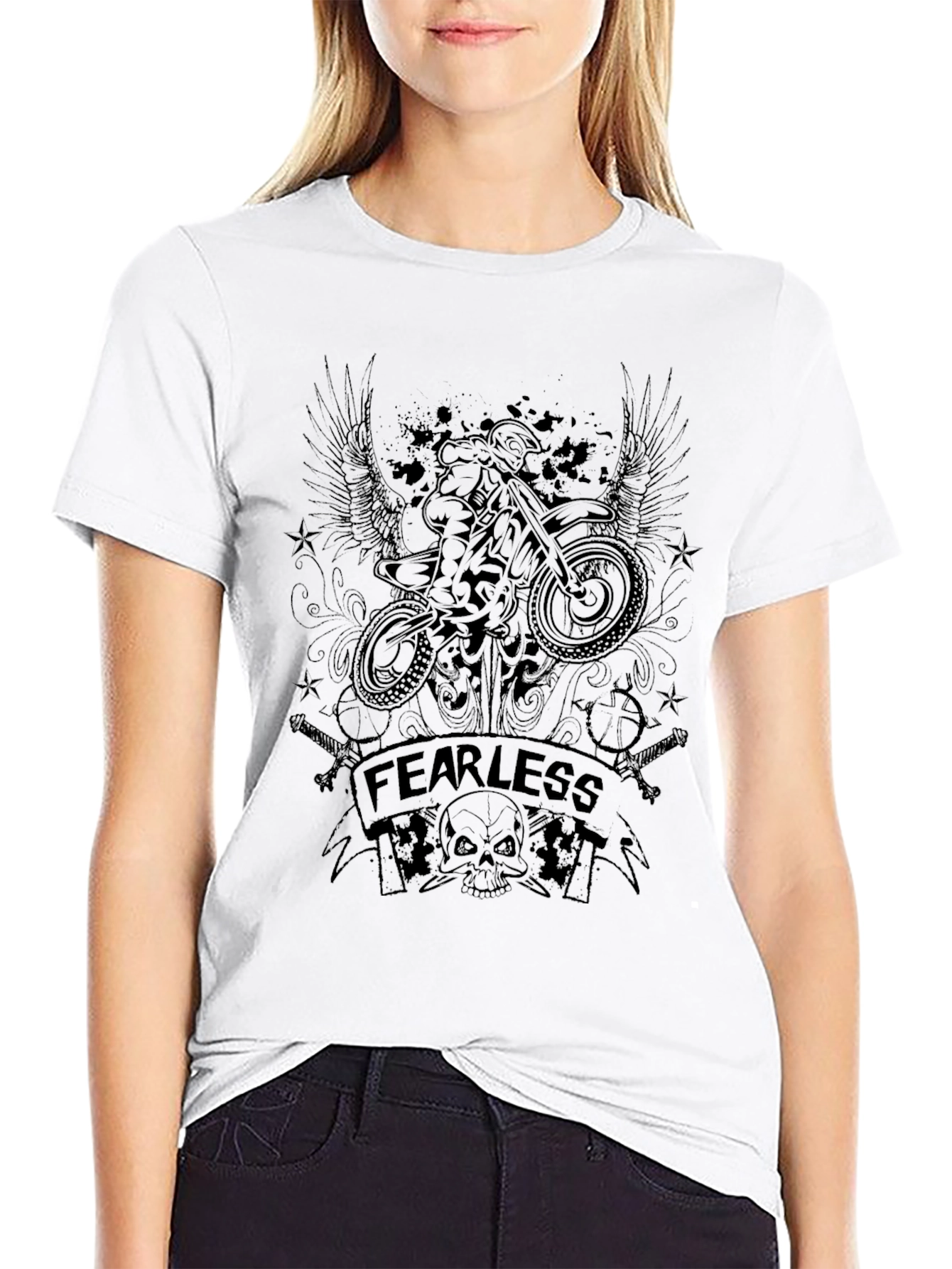 Fearless Biker Graphic T-Shirt - Black Crew Neck