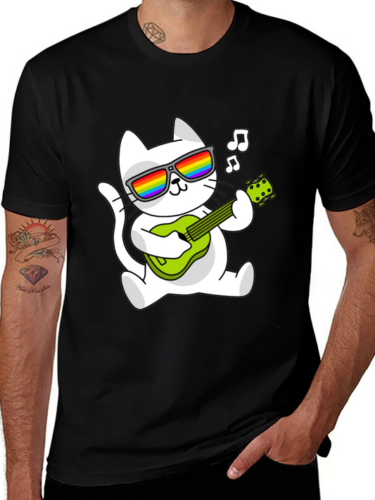 Cool Cat Guitarist Graphic Tee - Black