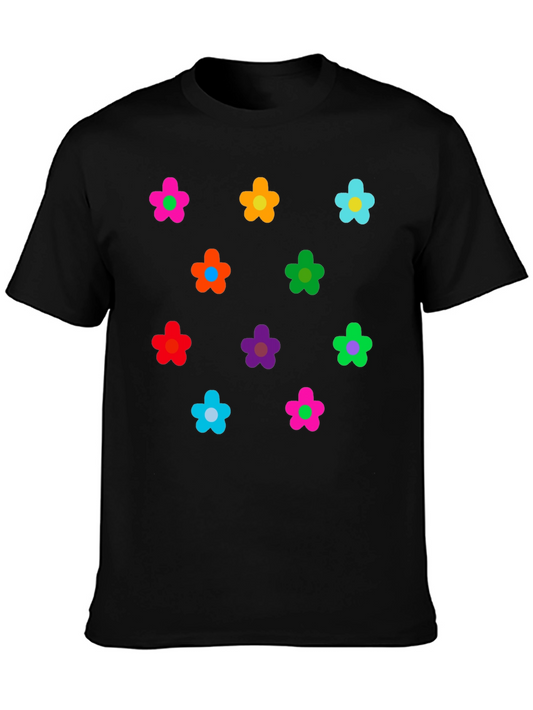 Colorful Flower Pattern Black T-Shirt