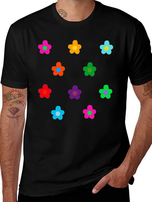 Colorful Flower Pattern Black T-Shirt