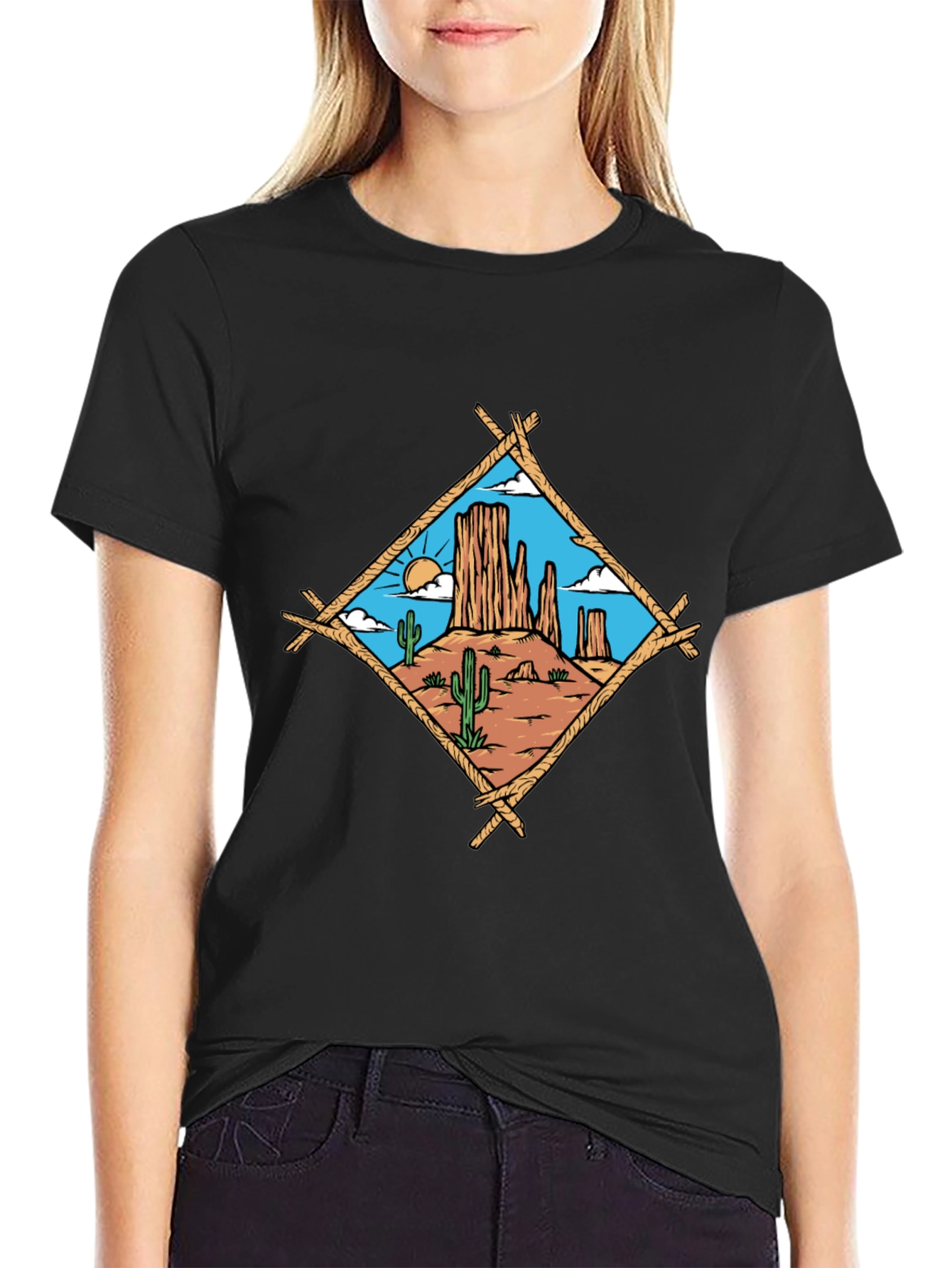 Desert Scene Graphic Tee - Black Cotton T-Shirt