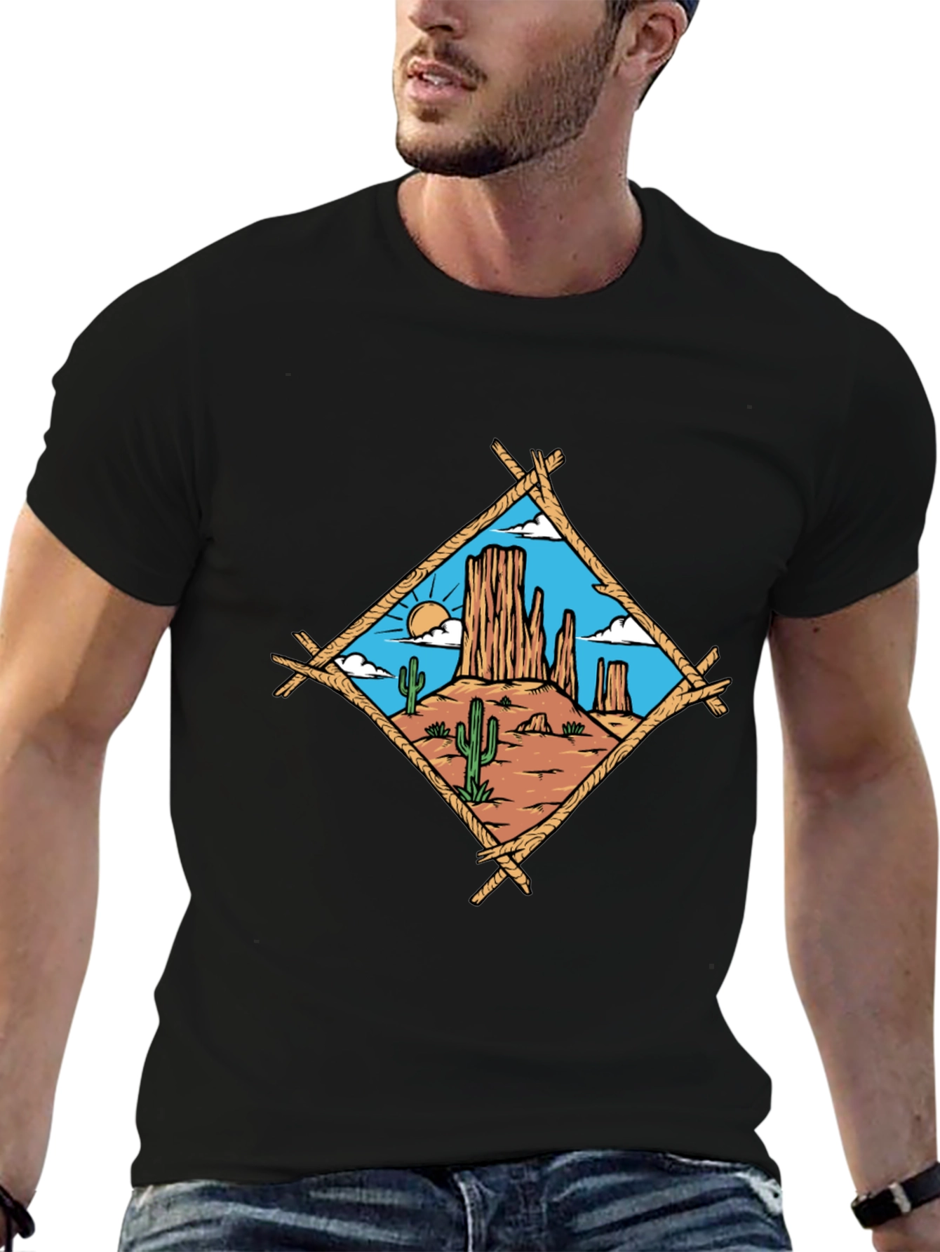 Desert Scene Graphic Tee - Black Cotton T-Shirt