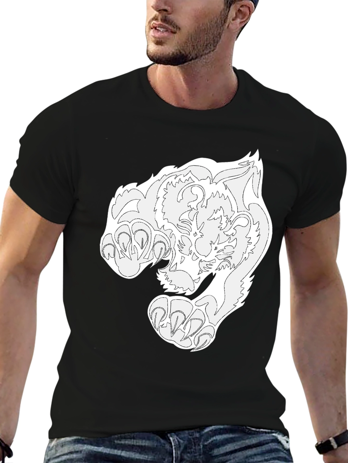 Black T-Shirt with White Tiger Graphic