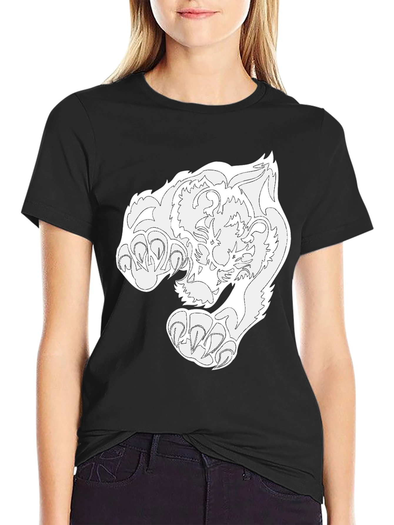 Black T-Shirt with White Tiger Graphic