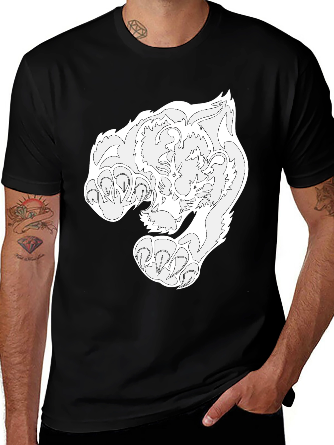 Black T-Shirt with White Tiger Graphic