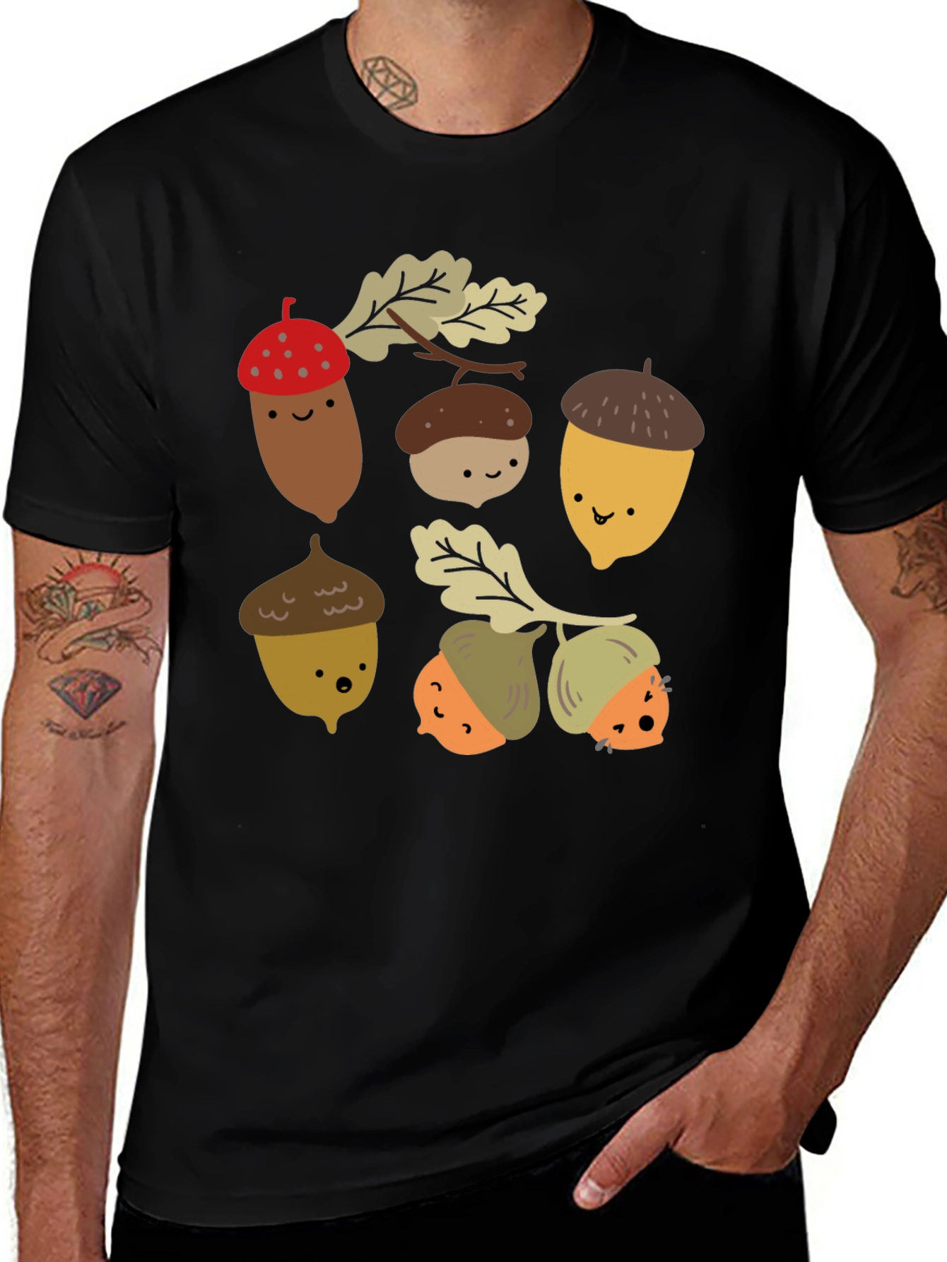 Cute Acorn Graphic Black T-Shirt