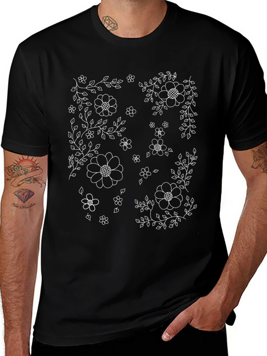 Floral Print Black Crew Neck T-Shirt
