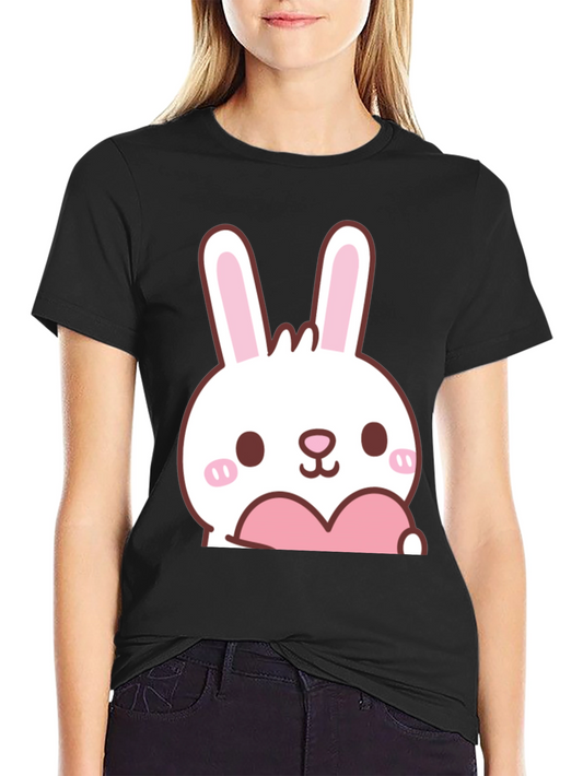 Cute Bunny with Heart Graphic T-Shirt - Black