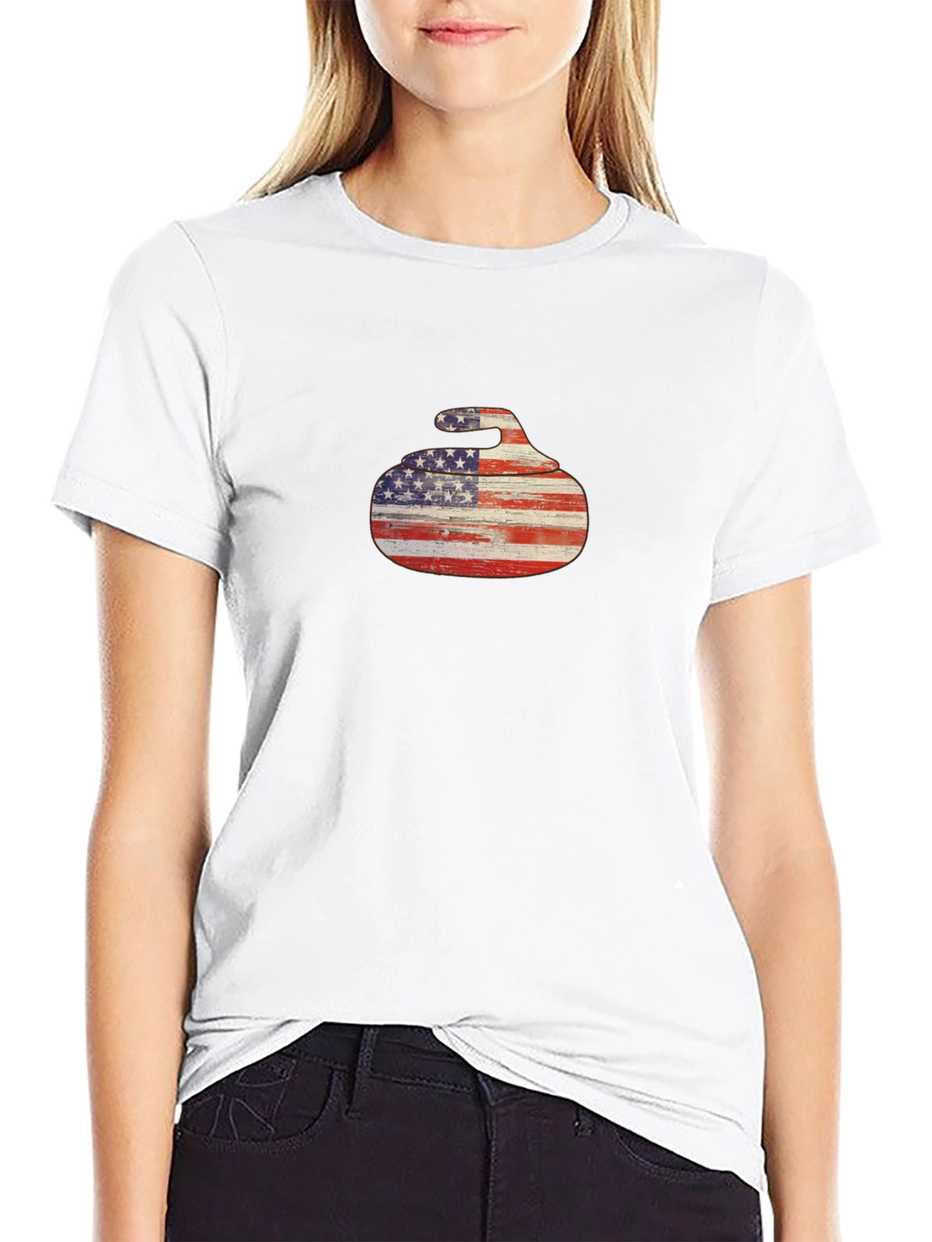 USA Flag Curling Stone Black T-Shirt