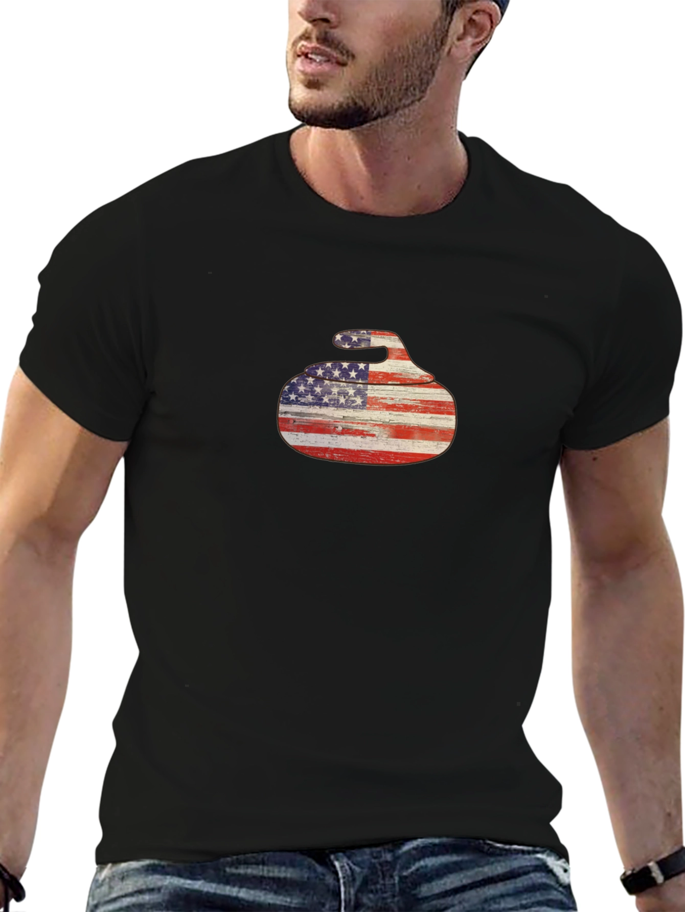 USA Flag Curling Stone Black T-Shirt
