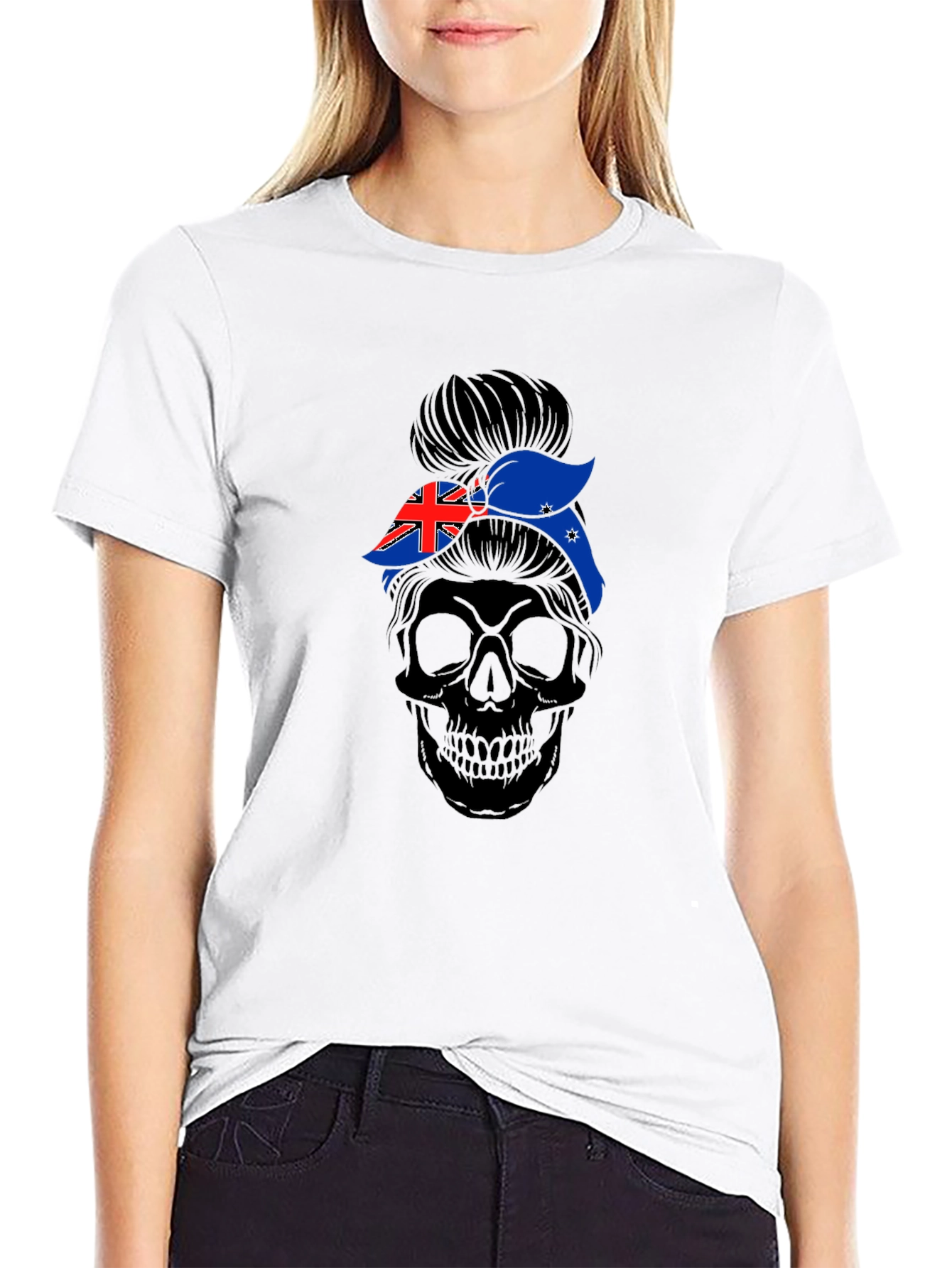 Messy Bun Skull Australia Flag T-Shirt