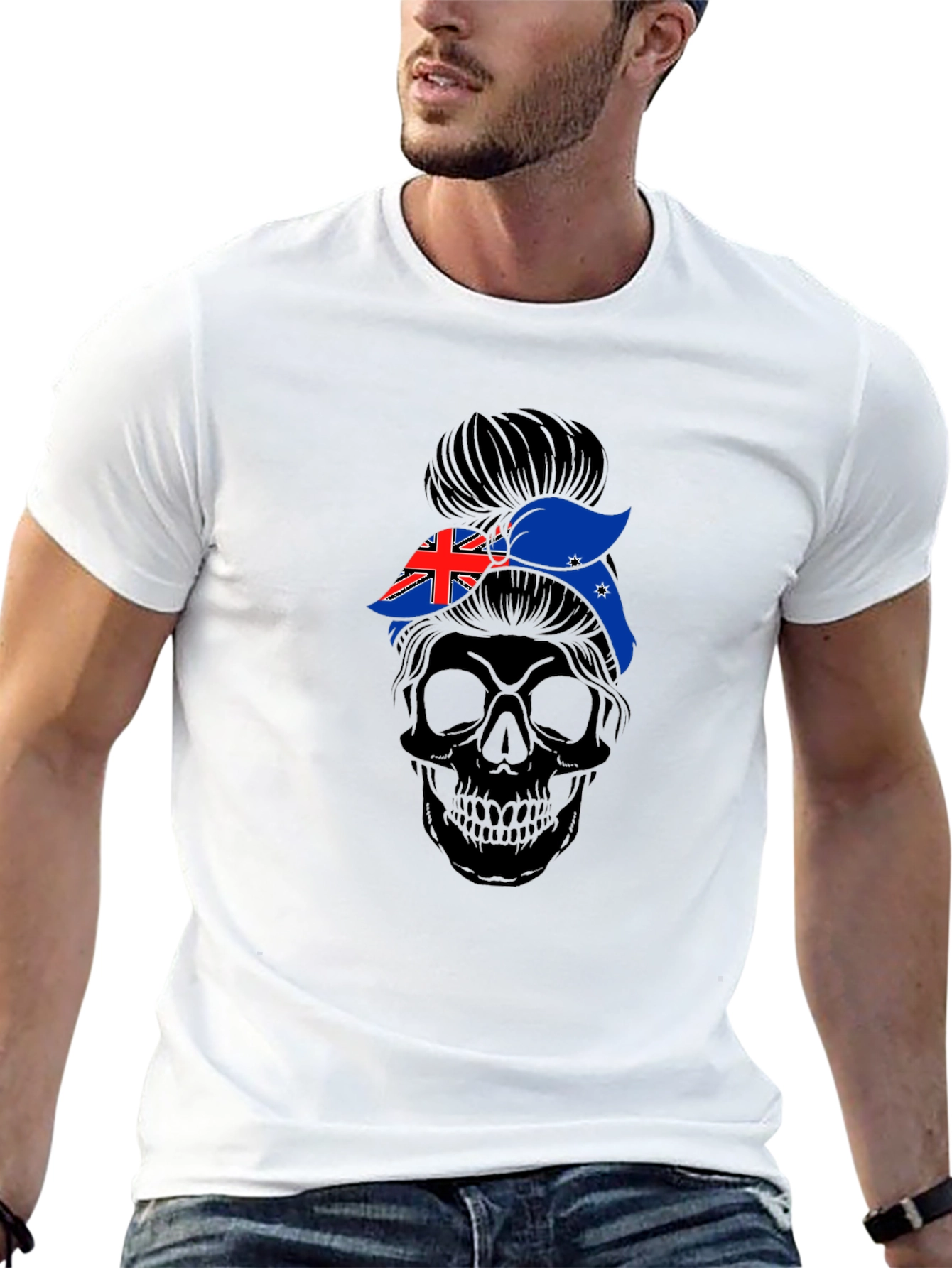 Messy Bun Skull Australia Flag T-Shirt