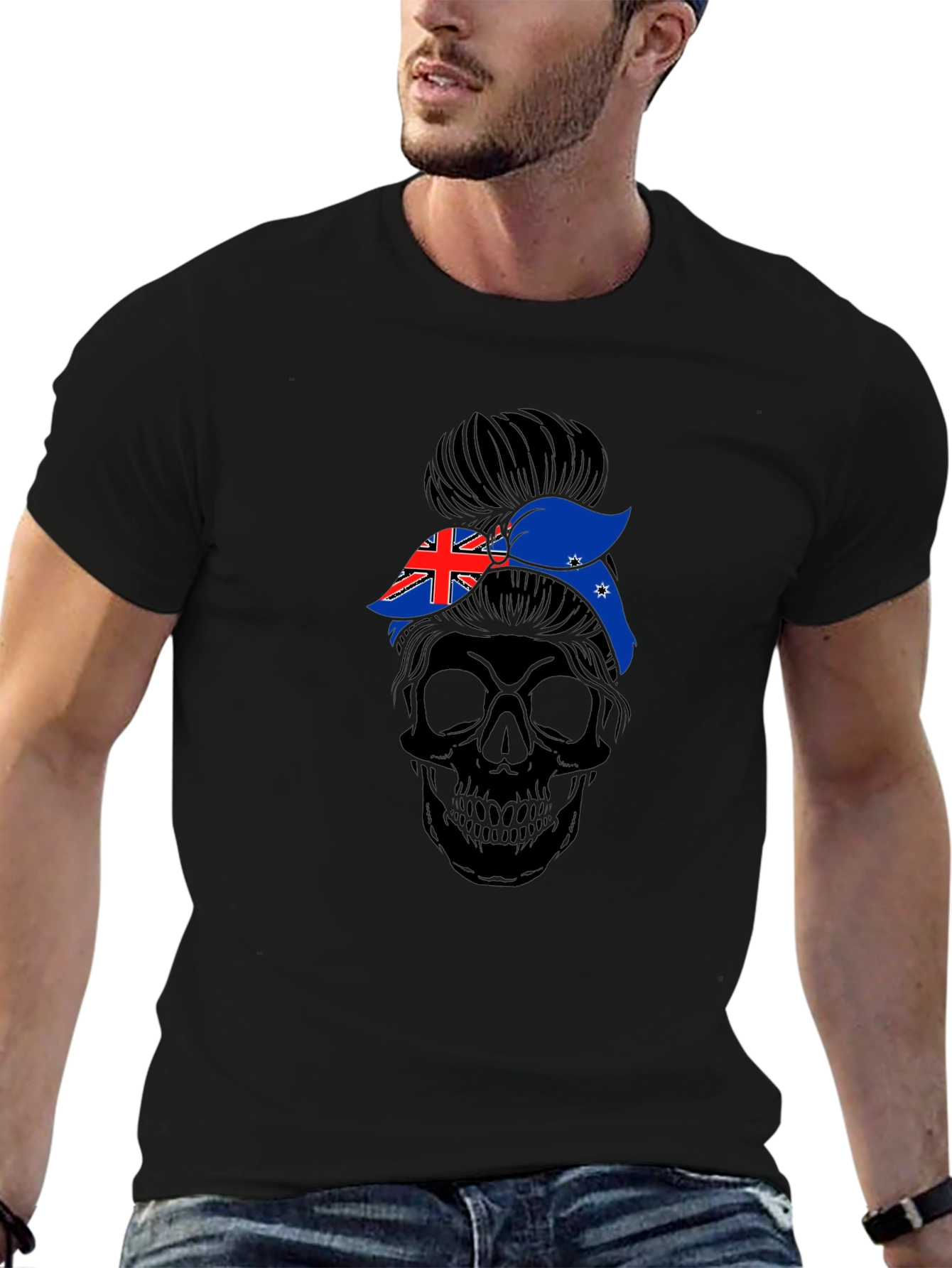 Messy Bun Skull Australia Flag T-Shirt