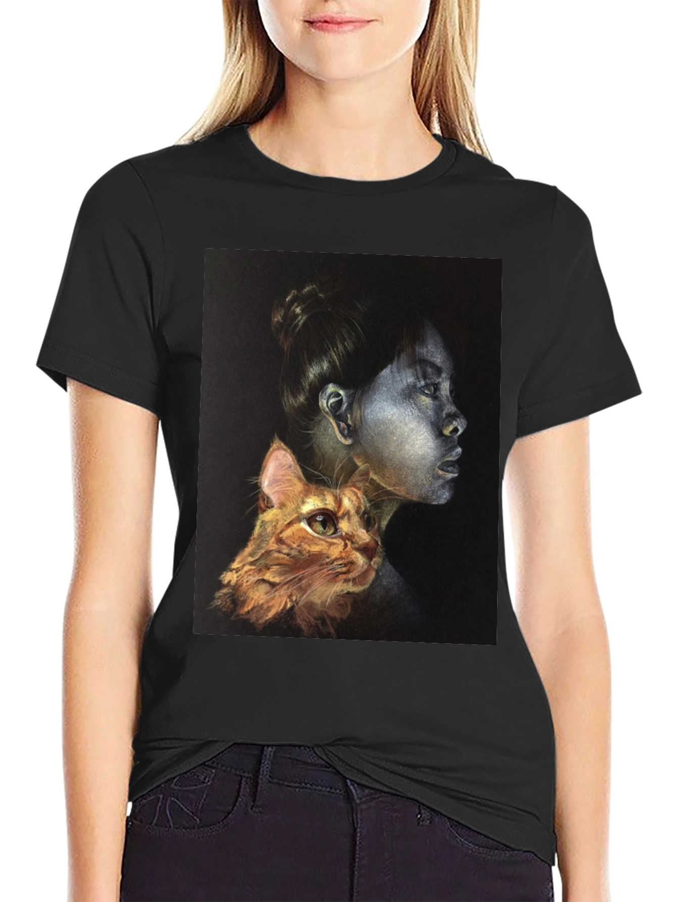 Unique Graphic T-Shirt - Woman and Cat