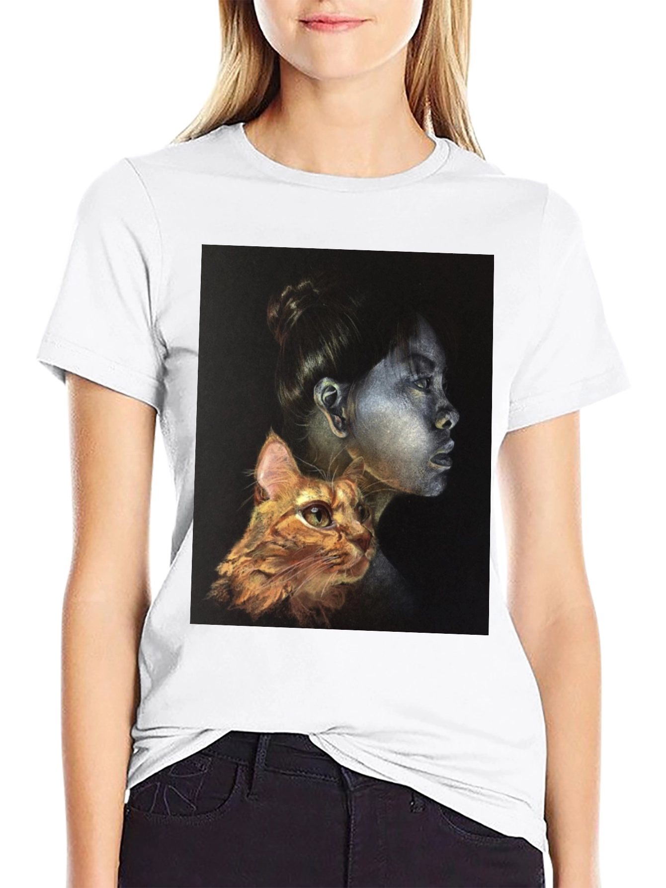 Unique Graphic T-Shirt - Woman and Cat