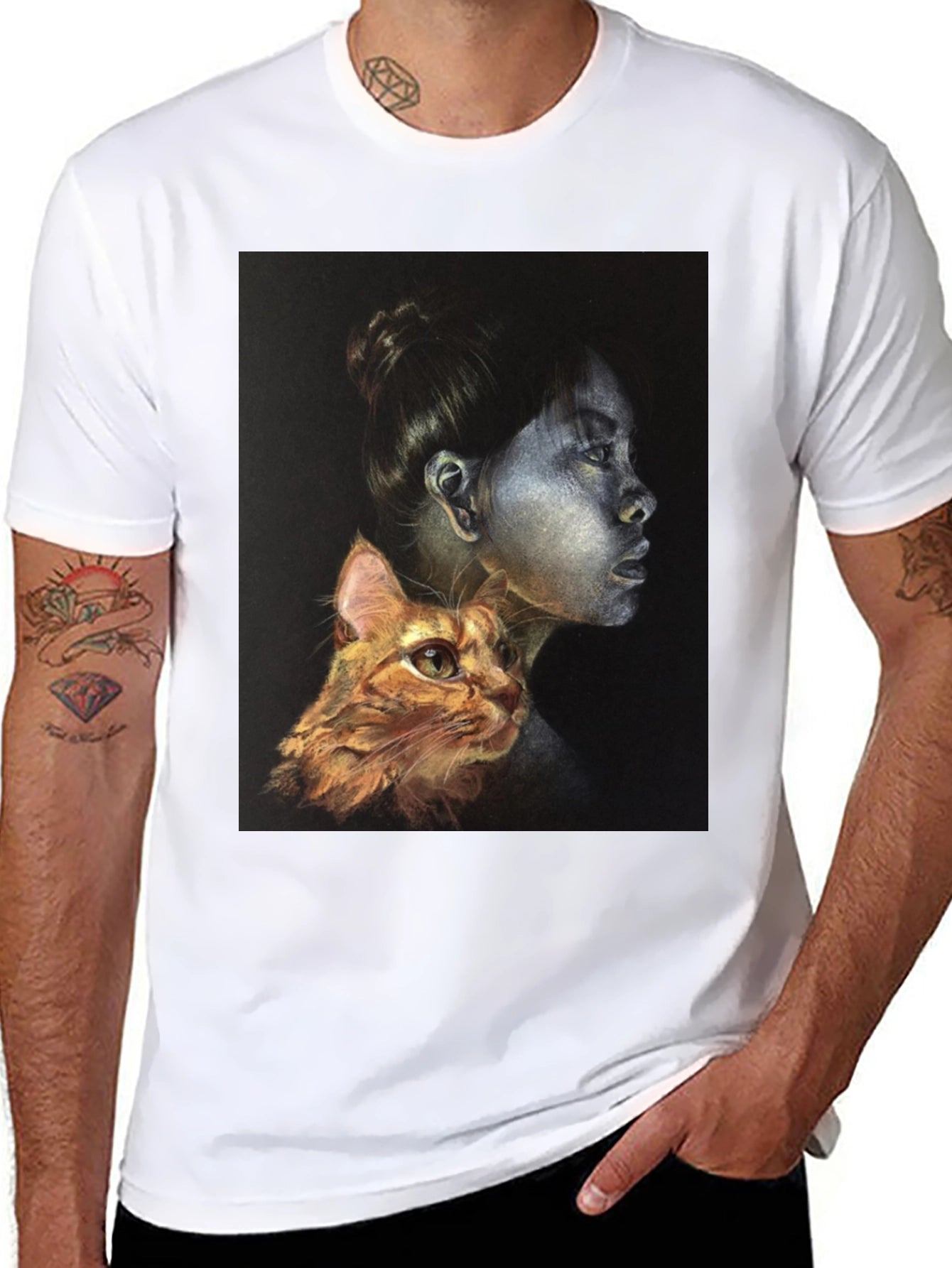 Unique Graphic T-Shirt - Woman and Cat