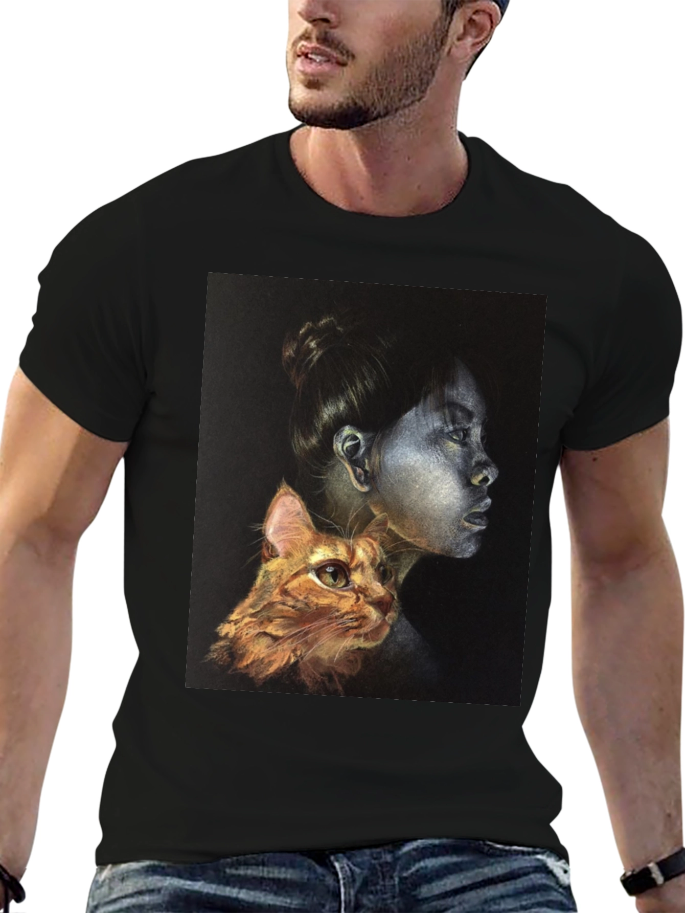 Unique Graphic T-Shirt - Woman and Cat