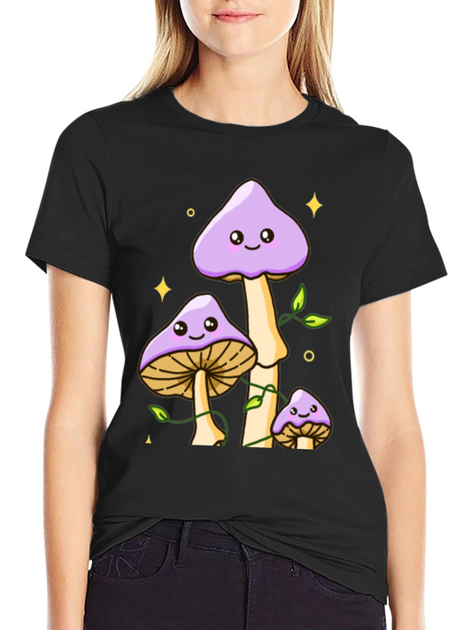 Cute Mushroom Graphic Tee - Black Cotton Shirt