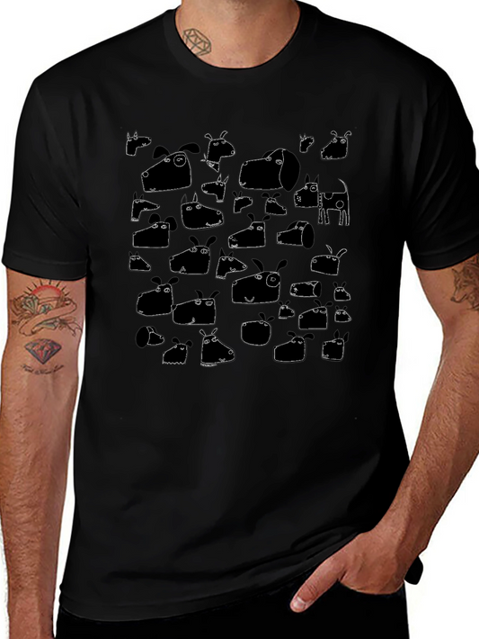 Funny Dog Face Pattern Tee - Black Cotton T-Shirt