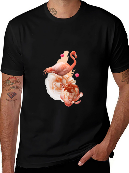 Flamingo Floral Graphic Tee - Black Cotton Blend Shirt