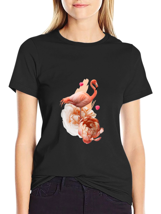 Flamingo Floral Graphic Tee - Black Cotton Blend Shirt