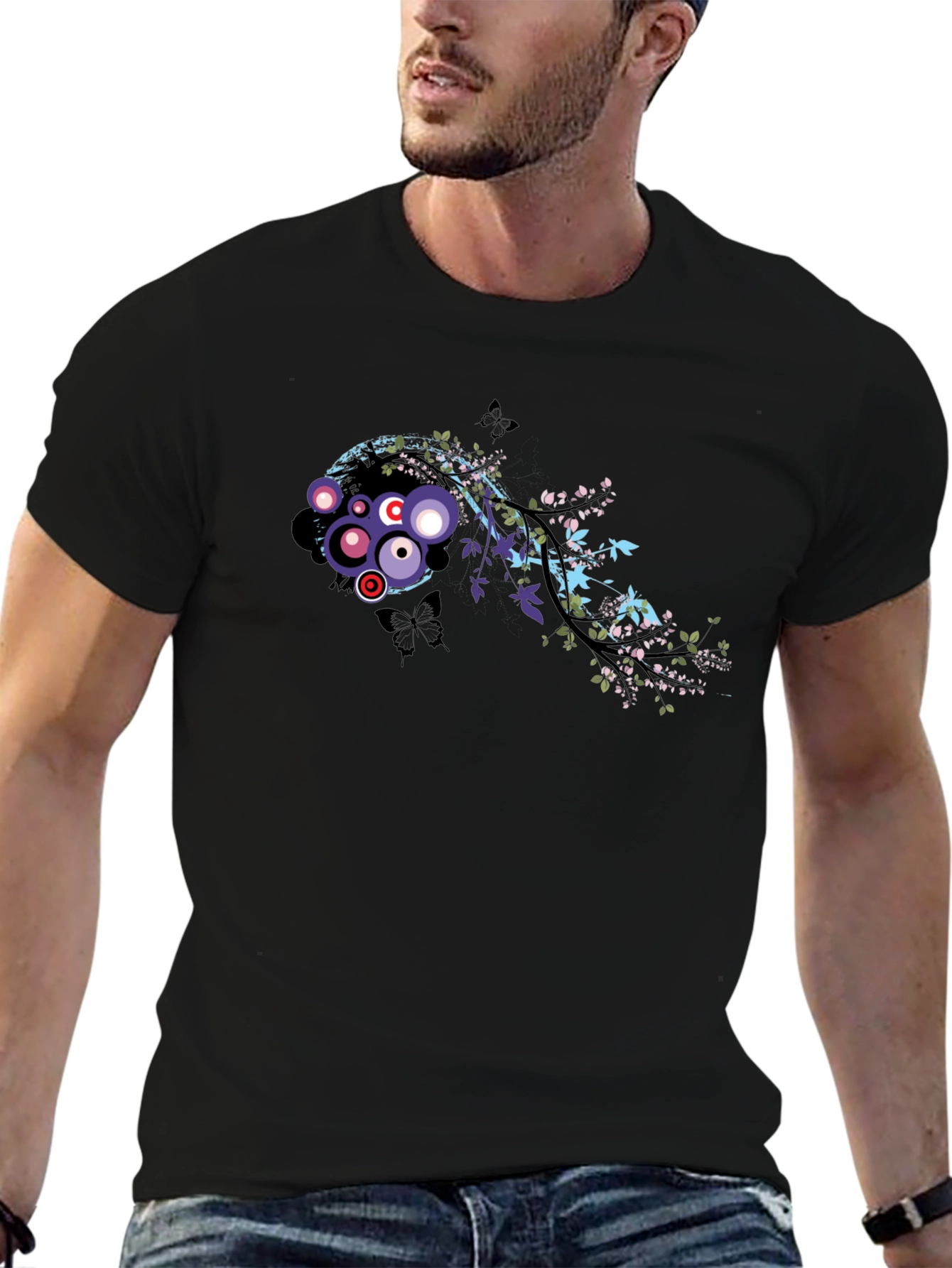 Stylish Black Tee with Abstract Floral Graphic
