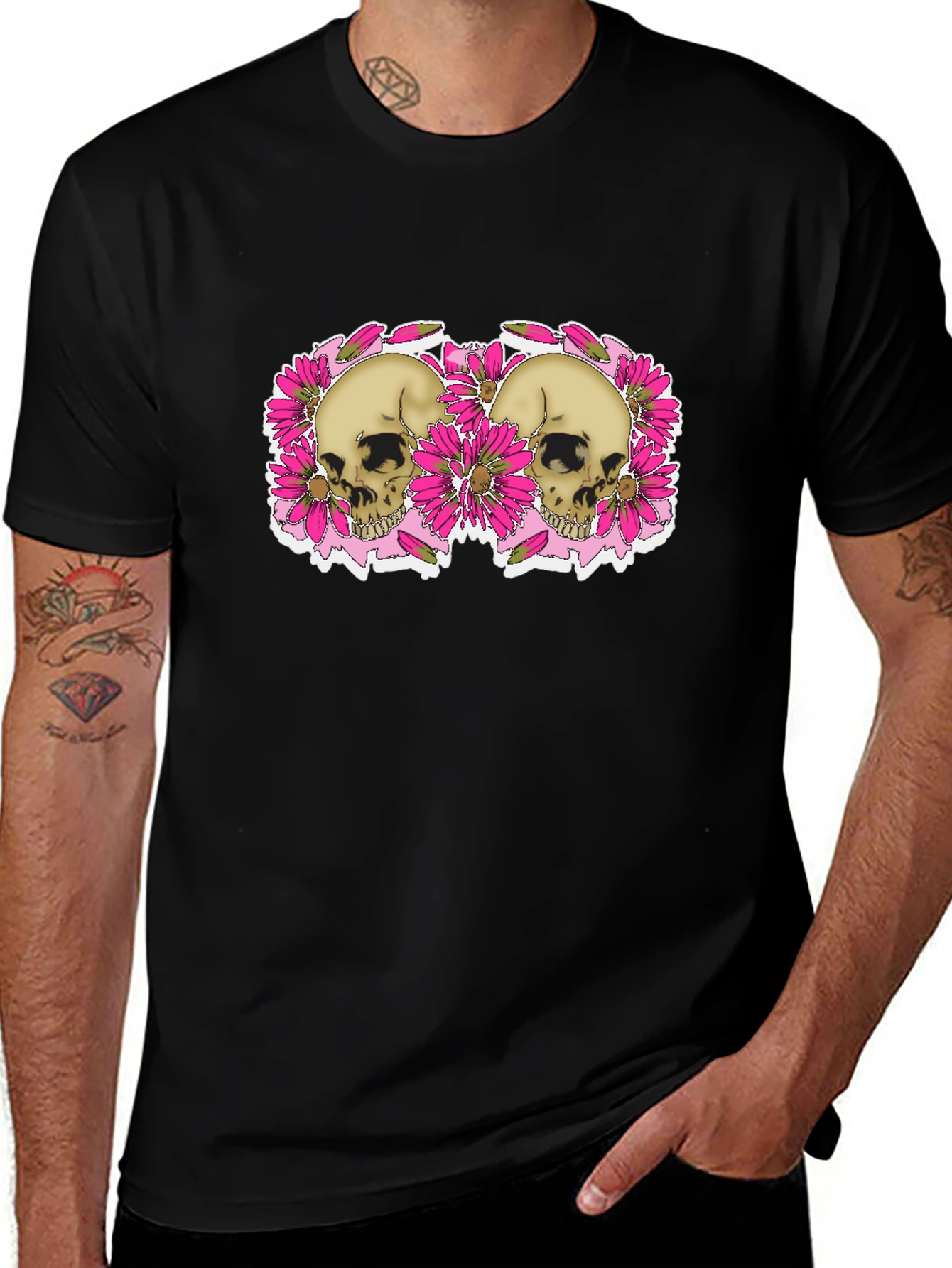 Skull & Floral Graphic Tee - Black
