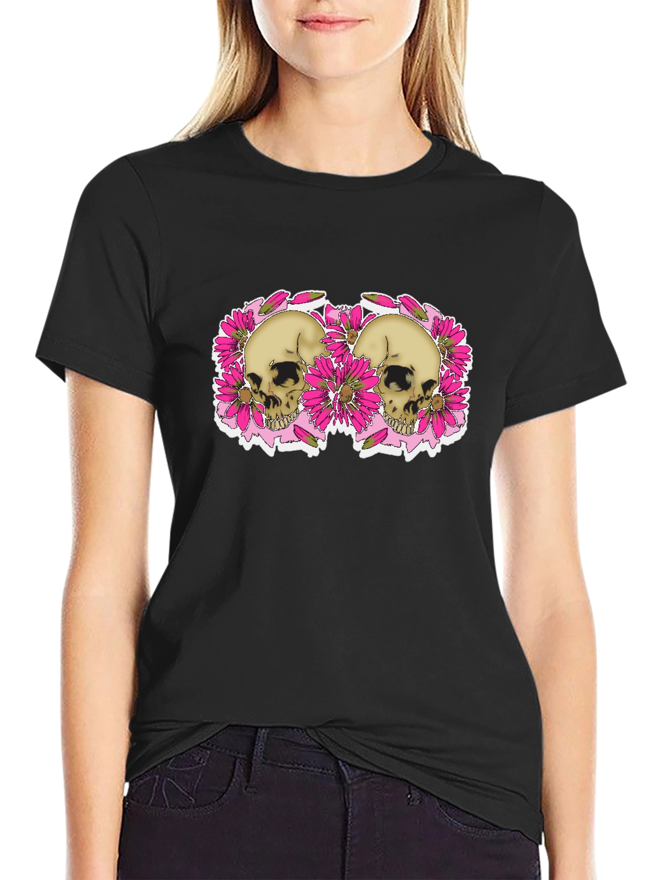 Skull & Floral Graphic Tee - Black