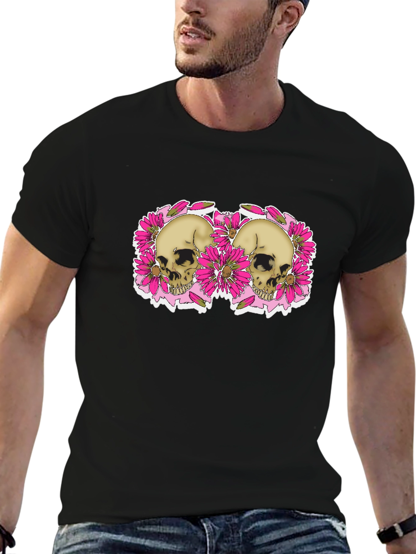 Skull & Floral Graphic Tee - Black