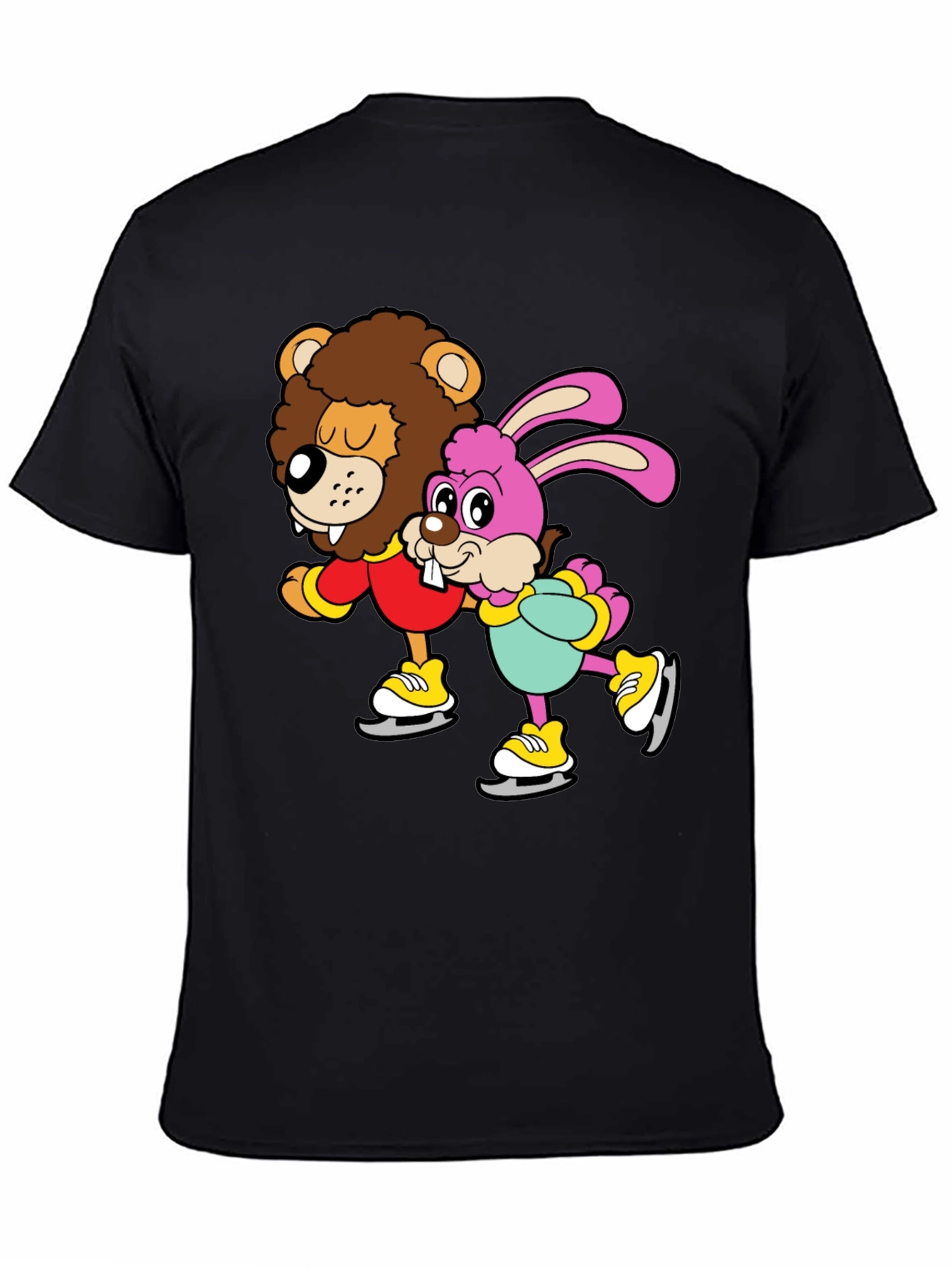 Lion & Bunny Ice Skating Cartoon Graphic T-Shirt