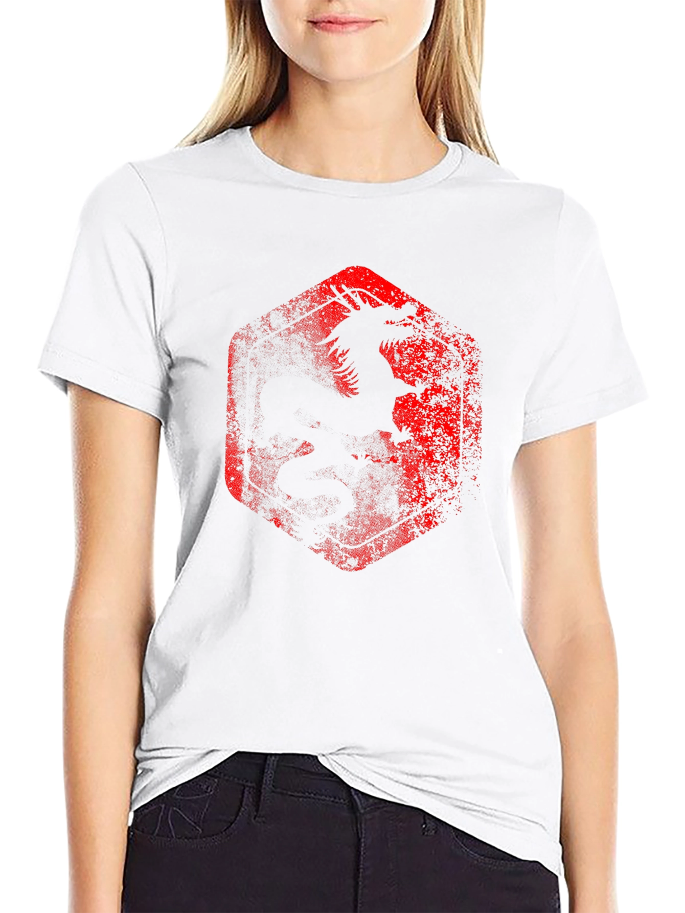 Dragon Graphic Tee - Distressed Red Print on Black