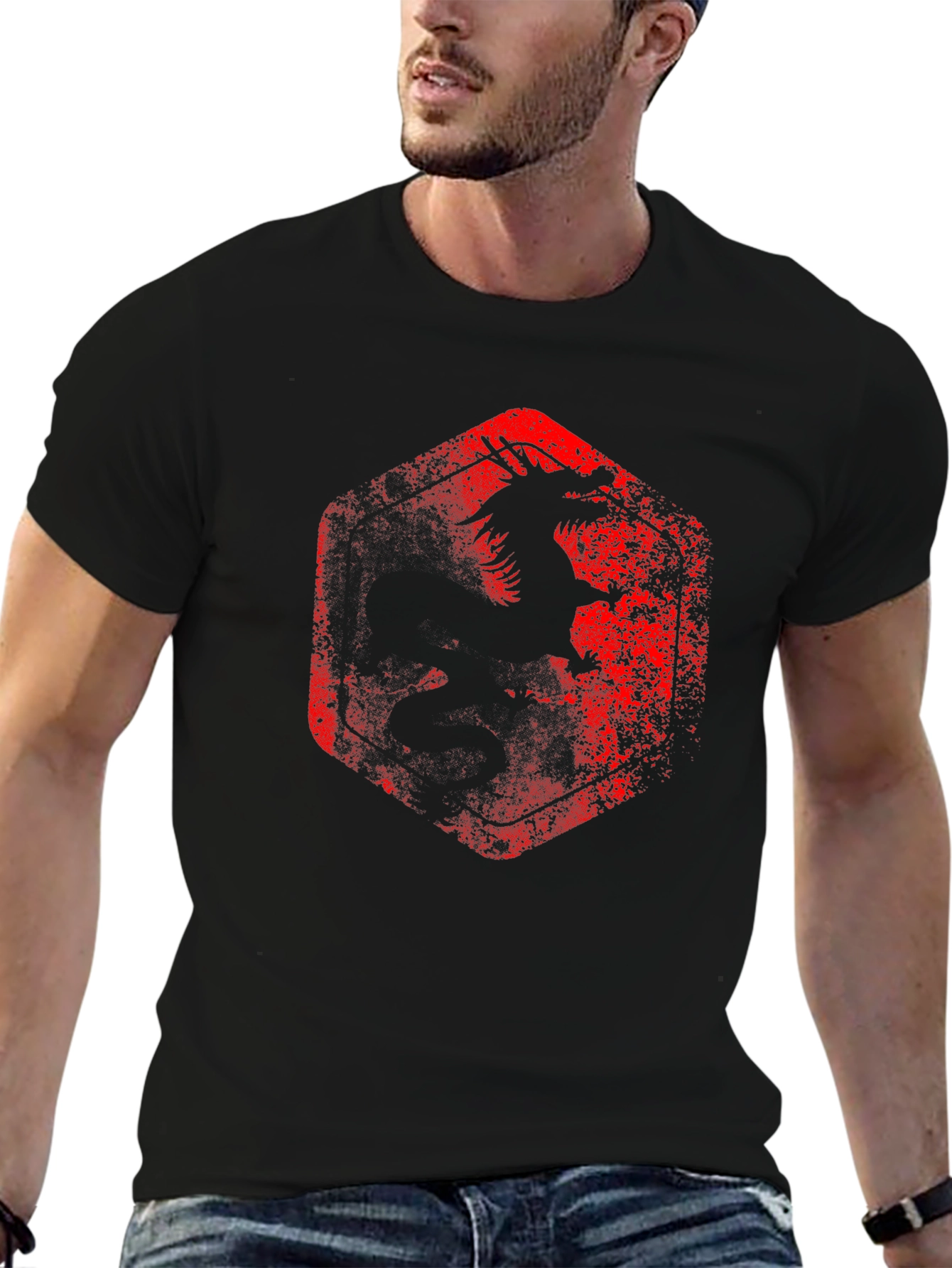 Dragon Graphic Tee - Distressed Red Print on Black