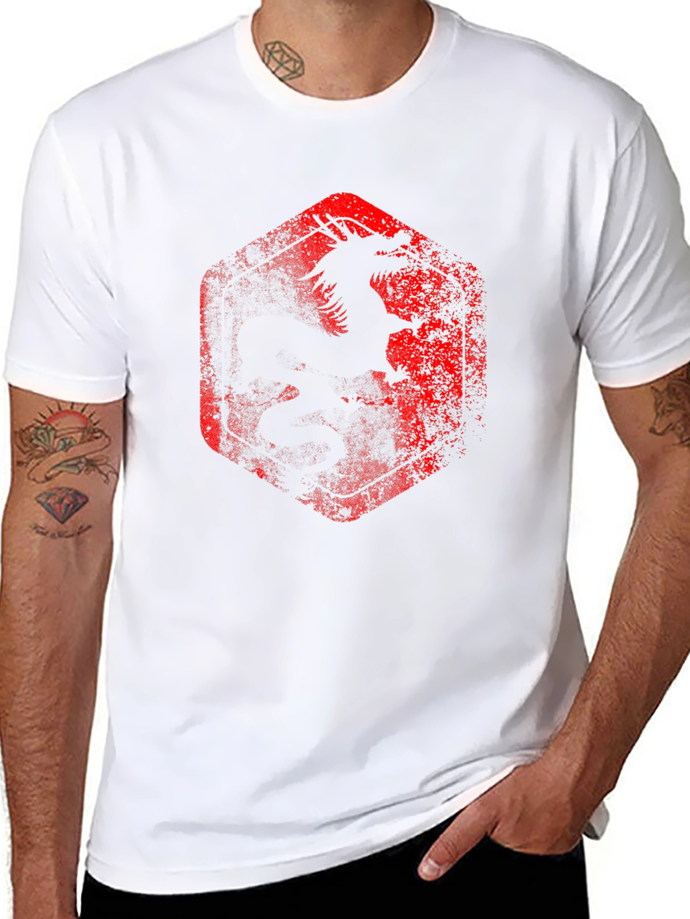 Dragon Graphic Tee - Distressed Red Print on Black
