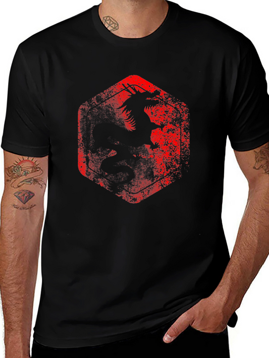 Dragon Graphic Tee - Distressed Red Print on Black