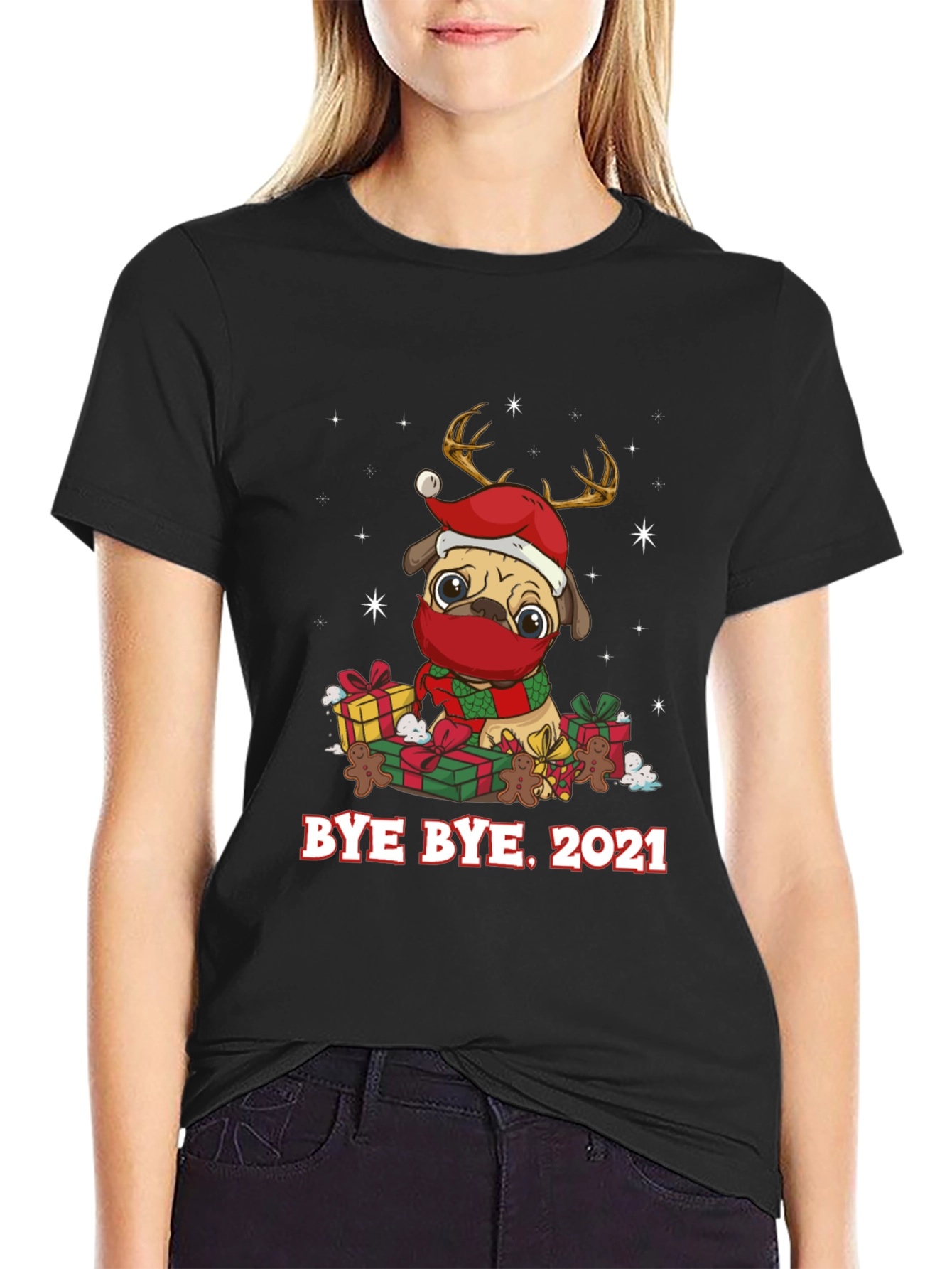 Bye Bye 2021 Pug Christmas Graphic Tee