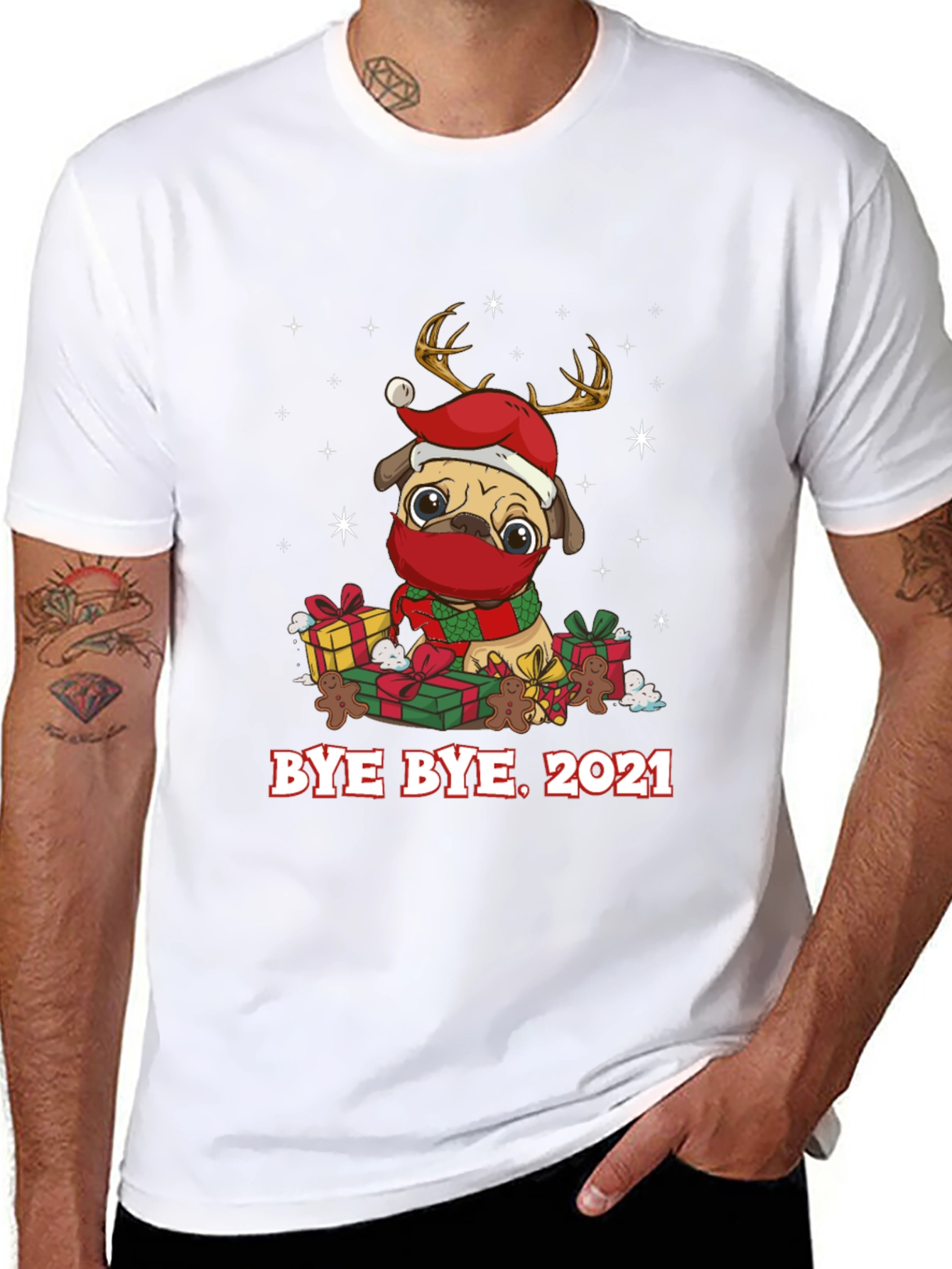 Bye Bye 2021 Pug Christmas Graphic Tee