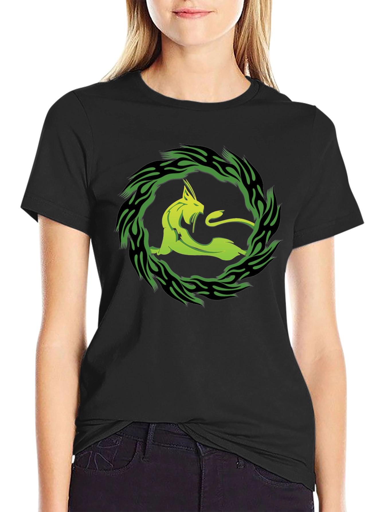 Tribal Cat Graphic Tee - Black Cotton