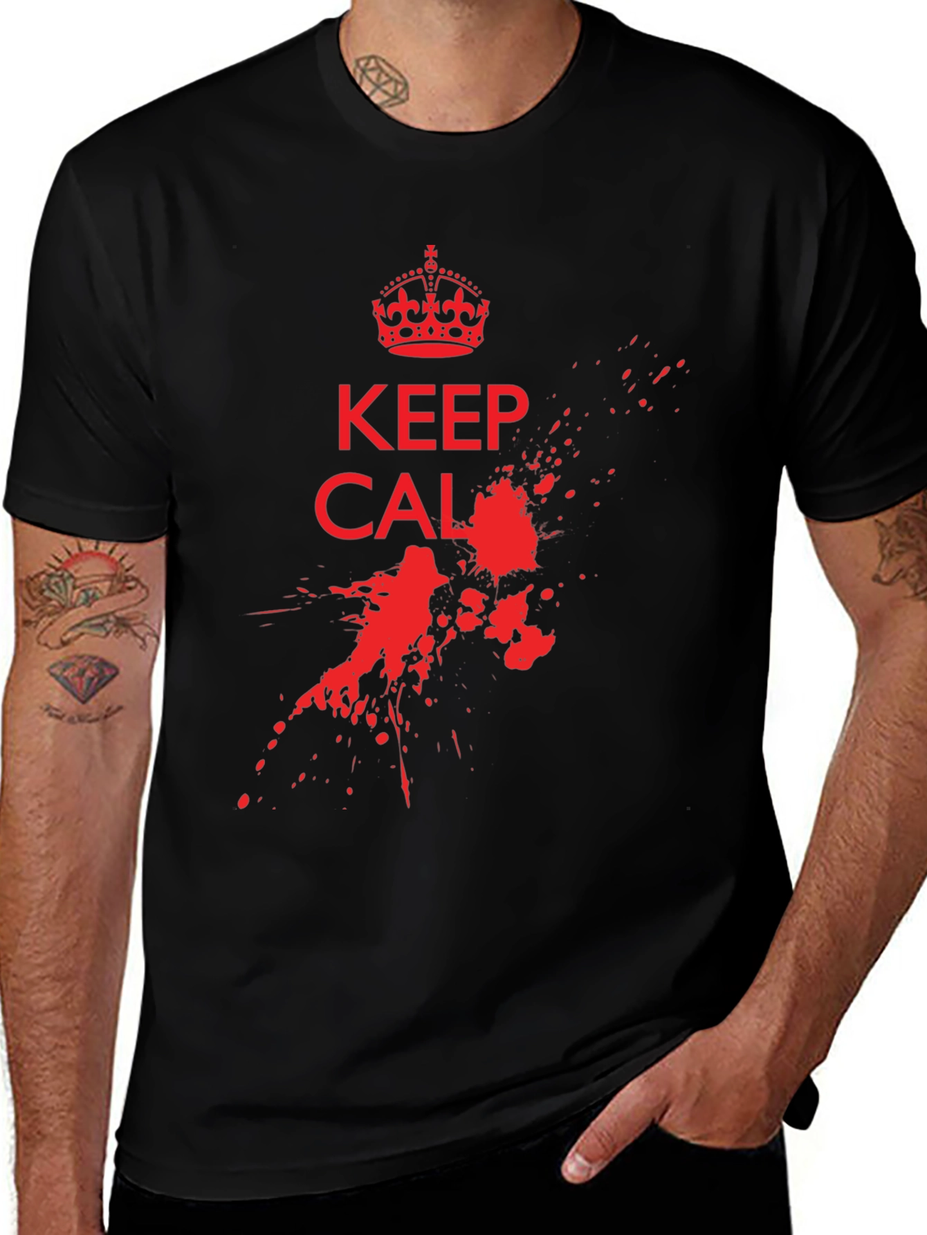 Keep Calm Black T-Shirt with Red Graphic Print