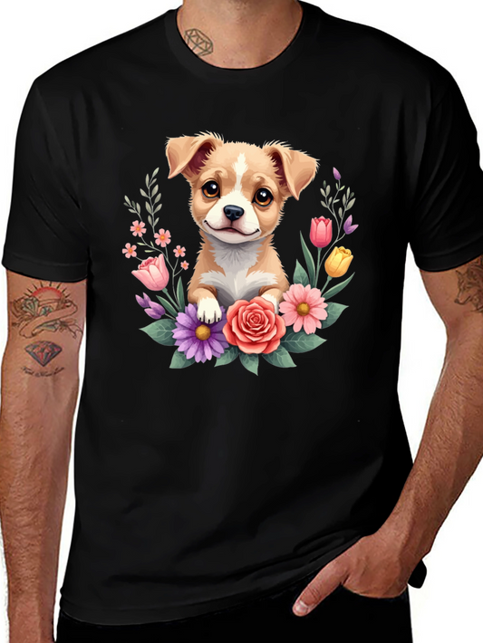 Cute Puppy & Floral Black T-Shirt