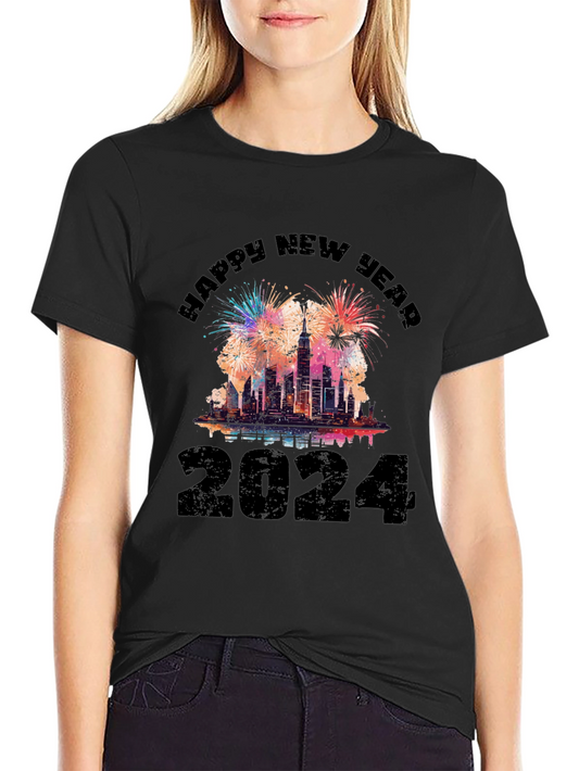 Happy New Year 2024 T-Shirt - Cityscape Fireworks Tee