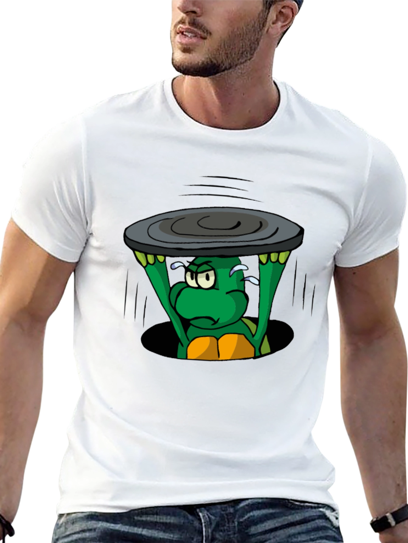 Cartoon Turtle Lifting Manhole Cover Black T-Shirt